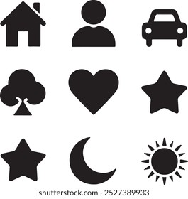 Black Filled Icons Set  Vector Silhouette Image on White Background , money gift, shopping bag, gift, box, label, delivery, heart pendant, package