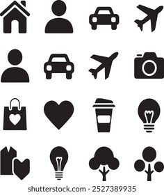 Black Filled Icons Set  Vector Silhouette Image on White Background , money gift, shopping bag, gift, box, label, delivery, heart pendant, package