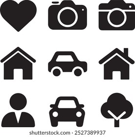 Black Filled Icons Set  Vector Silhouette Image on White Background , money gift, shopping bag, gift, box, label, delivery, heart pendant, package