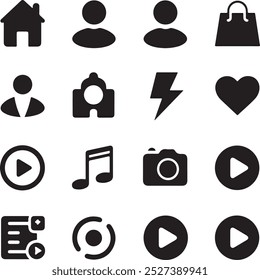 Black Filled Icons Set  Vector Silhouette Image on White Background , money gift, shopping bag, gift, box, label, delivery, heart pendant, package