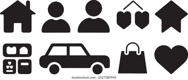 Black Filled Icons Set  Vector Silhouette Image on White Background , money gift, shopping bag, gift, box, label, delivery, heart pendant, package