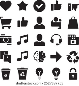 Black Filled Icons Set  Vector Silhouette Image on White Background , money gift, shopping bag, gift, box, label, delivery, heart pendant, package