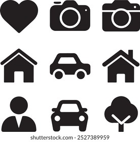 Black Filled Icons Set  Vector Silhouette Image on White Background , money gift, shopping bag, gift, box, label, delivery, heart pendant, package