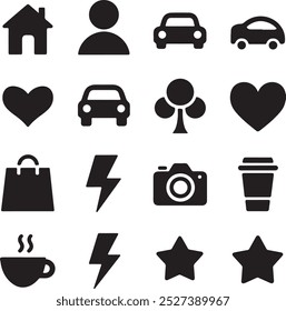 Black Filled Icons Set  Vector Silhouette Image on White Background , money gift, shopping bag, gift, box, label, delivery, heart pendant, package