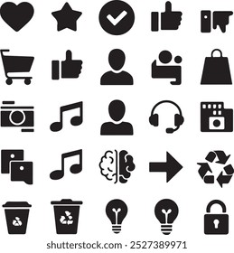 Black Filled Icons Set  Vector Silhouette Image on White Background , money gift, shopping bag, gift, box, label, delivery, heart pendant, package