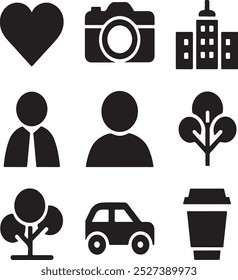 Black Filled Icons Set  Vector Silhouette Image on White Background , money gift, shopping bag, gift, box, label, delivery, heart pendant, package