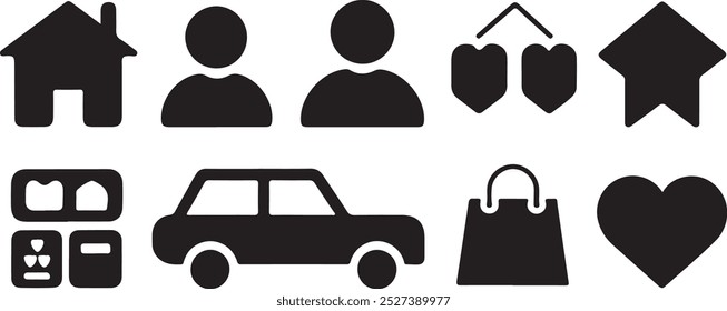 Black Filled Icons Set  Vector Silhouette Image on White Background , money gift, shopping bag, gift, box, label, delivery, heart pendant, package