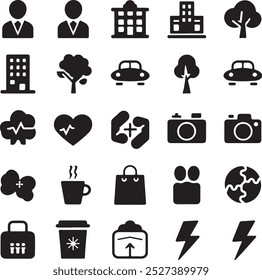 Black Filled Icons Set  Vector Silhouette Image on White Background , money gift, shopping bag, gift, box, label, delivery, heart pendant, package