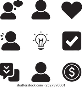 Black Filled Icons Set  Vector Silhouette Image on White Background , money gift, shopping bag, gift, box, label, delivery, heart pendant, package