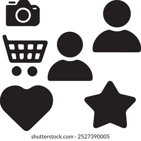 Black Filled Icons Set  Vector Silhouette Image on White Background , money gift, shopping bag, gift, box, label, delivery, heart pendant, package