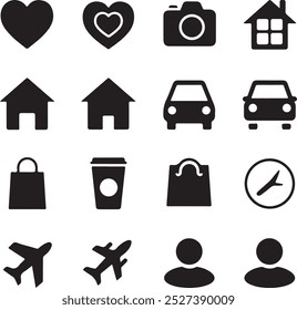 Black Filled Icons Set  Vector Silhouette Image on White Background , money gift, shopping bag, gift, box, label, delivery, heart pendant, package