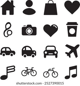 Black Filled Icons Set  Vector Silhouette Image on White Background , money gift, shopping bag, gift, box, label, delivery, heart pendant, package