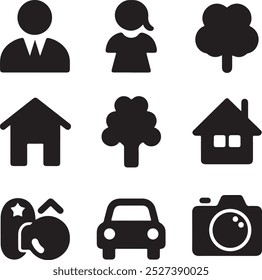 Black Filled Icons Set  Vector Silhouette Image on White Background , money gift, shopping bag, gift, box, label, delivery, heart pendant, package
