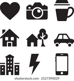 Black Filled Icons Set  Vector Silhouette Image on White Background , money gift, shopping bag, gift, box, label, delivery, heart pendant, package
