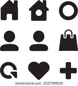 Black Filled Icons Set  Vector Silhouette Image on White Background , money gift, shopping bag, gift, box, label, delivery, heart pendant, package
