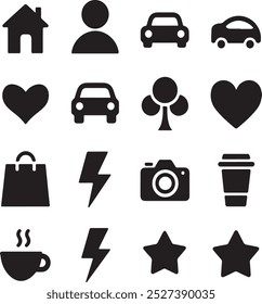 Black Filled Icons Set  Vector Silhouette Image on White Background , money gift, shopping bag, gift, box, label, delivery, heart pendant, package