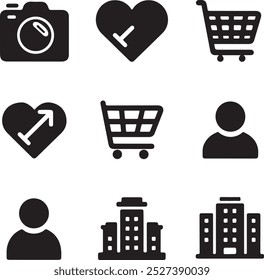 Black Filled Icons Set  Vector Silhouette Image on White Background , money gift, shopping bag, gift, box, label, delivery, heart pendant, package