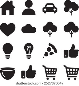Black Filled Icons Set  Vector Silhouette Image on White Background , money gift, shopping bag, gift, box, label, delivery, heart pendant, package