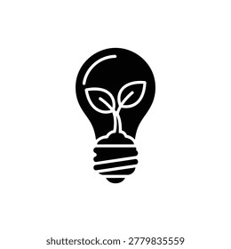Black filled lightbulb with sprouting plant symbolizing sustainable innovation and eco friendly ideas