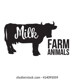 Black filled in outline of a cow in full height with a sign on it. concept of fresh farm milk and veal meat, vector illustration