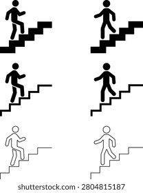 Black Filled and Outline Stick Figure Person Walking Climbing Up and Down Stairs Icon Set: Six Variants Vector Design