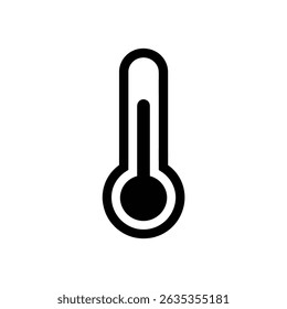 Black filled outline thermometer icon with transparent background showing temperature indicator. This symbol represents health, fever, and measurements.