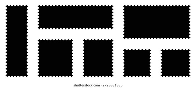Black filled postage stamp icon set. Mockup postal stamps, postage stamp borders templates in different variations.