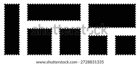 Black filled postage stamp icon set. Mockup postal stamps, postage stamp borders templates in different variations.