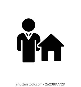 Ícone do agente imobiliário preenchido preto com propriedade em segundo plano