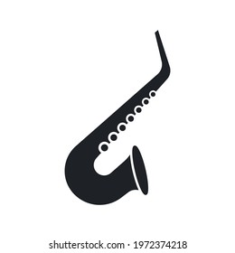 Black filled saxophone. Musical brass instrument icon. Vector black silhouette isolated on transparent background.