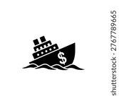 Black filled silhouette of a sinking ship carrying a currency symbol, representing a catastrophic financial failure, lost investments, and the complete sinking of monetary value in bankruptcy. Used for market crashes, economic collapse, and business failure metaphors.