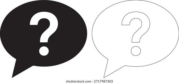 Una burbuja de discurso llena de negro con un signo de interrogación blanco y una burbuja de discurso delineada blanca con un signo de interrogación negro sobre un fondo blanco puro