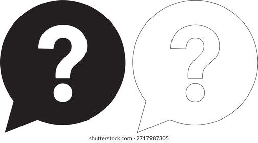 Una burbuja de discurso llena de negro con un signo de interrogación blanco y una burbuja de discurso delineada blanca con un signo de interrogación negro sobre un fondo blanco puro