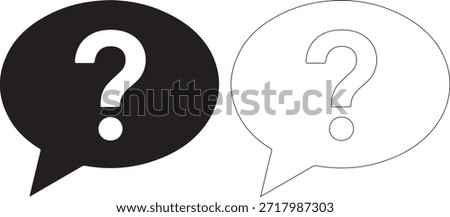 A black filled speech bubble with a white question mark and a white outlined speech bubble with a black question mark on a pure white background