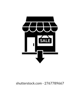 Black filled storefront icon featuring a sale tag and a downward arrow, symbolizing a liquidation sale, going‑out‑of‑business event, and the forced sale of inventory during bankruptcy. Used for retail bankruptcy, asset disposition, and closure sales.