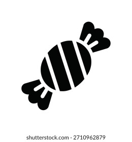 O ícone de vetor preenchido em preto mostra um doce embrulhado com detalhes listrados em um plano de fundo branco limpo. Perfeito para doces, sobremesas e ilustrações de férias.