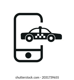 Black filled vector icon of taxi. A symbol of taxi car  is inside a phone as an opportunity of making online trip purchase and orders.