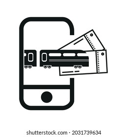 Black filled vector icon of travelling by train. A symbol of electric train and tickets is inside a phone as an opportunity of making online ticket purchase and orders.