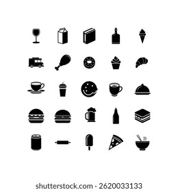 A black filled vector set of Minimalist Food and Beverage Symbols