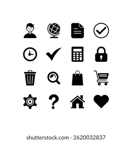 A black filled vector set of UI essential icons