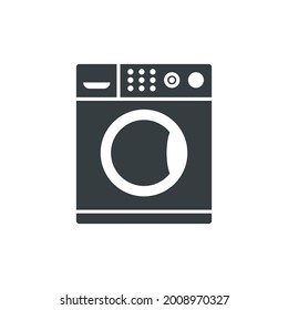 Black filled washing machine vector icon isolated on white transparent background. Symbol of kitchen appliance.