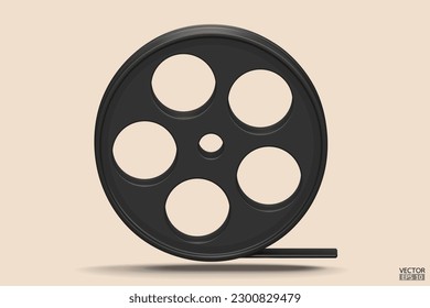 Schwarzes Filmsymbol einzeln auf beigem Hintergrund. Videokamera Band 3D Zeichen Logo. Kamerakonduktionsfilm aufzeichnen 3D-Rendering-Film, Kino, Entertainment-Konzept. 3D-Vektorgrafik.