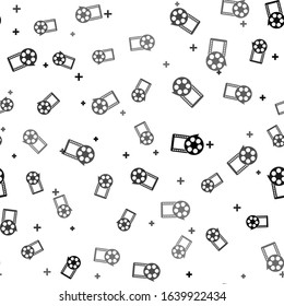 Black Film reel and play video movie film icon isolated seamless pattern on white background.  Vector Illustration
