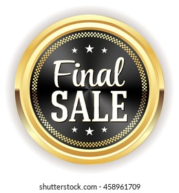 Black final sale button, badge with gold border on white background