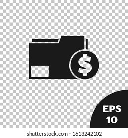 Black Finance document folder icon isolated on transparent background. Paper bank document with dollar coin for invoice or bill concept.  Vector Illustration