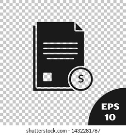 Black Finance document icon isolated on transparent background. Paper bank document with dollar coin for invoice or bill concept.  Vector Illustration