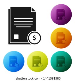 Black Finance document icon isolated on white background. Paper bank document with dollar coin for invoice or bill concept. Set icons colorful circle buttons. Vector Illustration