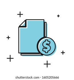 Black Finance document icon isolated on white background. Paper bank document with dollar coin for invoice or bill concept.  Vector Illustration