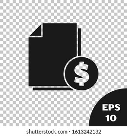 Black Finance document icon isolated on transparent background. Paper bank document with dollar coin for invoice or bill concept.  Vector Illustration