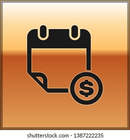 Black Financial calendar icon isolated on gold background. Annual payment day, monthly budget planning, fixed period concept, loan duration. Vector Illustration